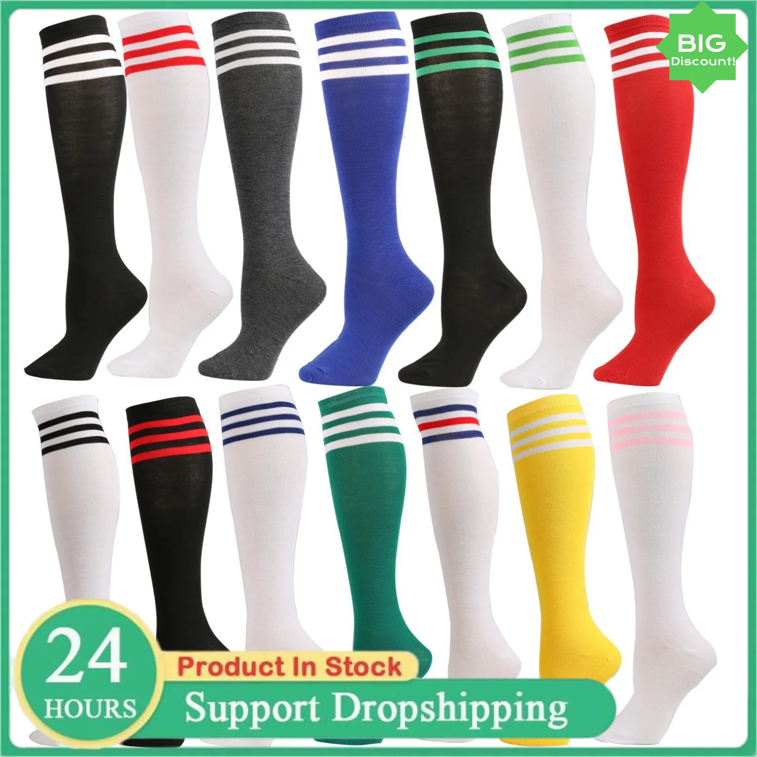 Non-slip Compression Socks Long Socks  Solid Color Black White Stripe Knee High Socks Soccer Socks Running Golfs Sports Socks