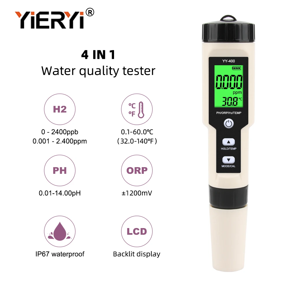 

4-in-1 Hydrogen Water Tester Digital pH/ORP/H2/Temp Meter with LCD 0.1 Resolution High Accuracy Hydrogen Concentration Tester