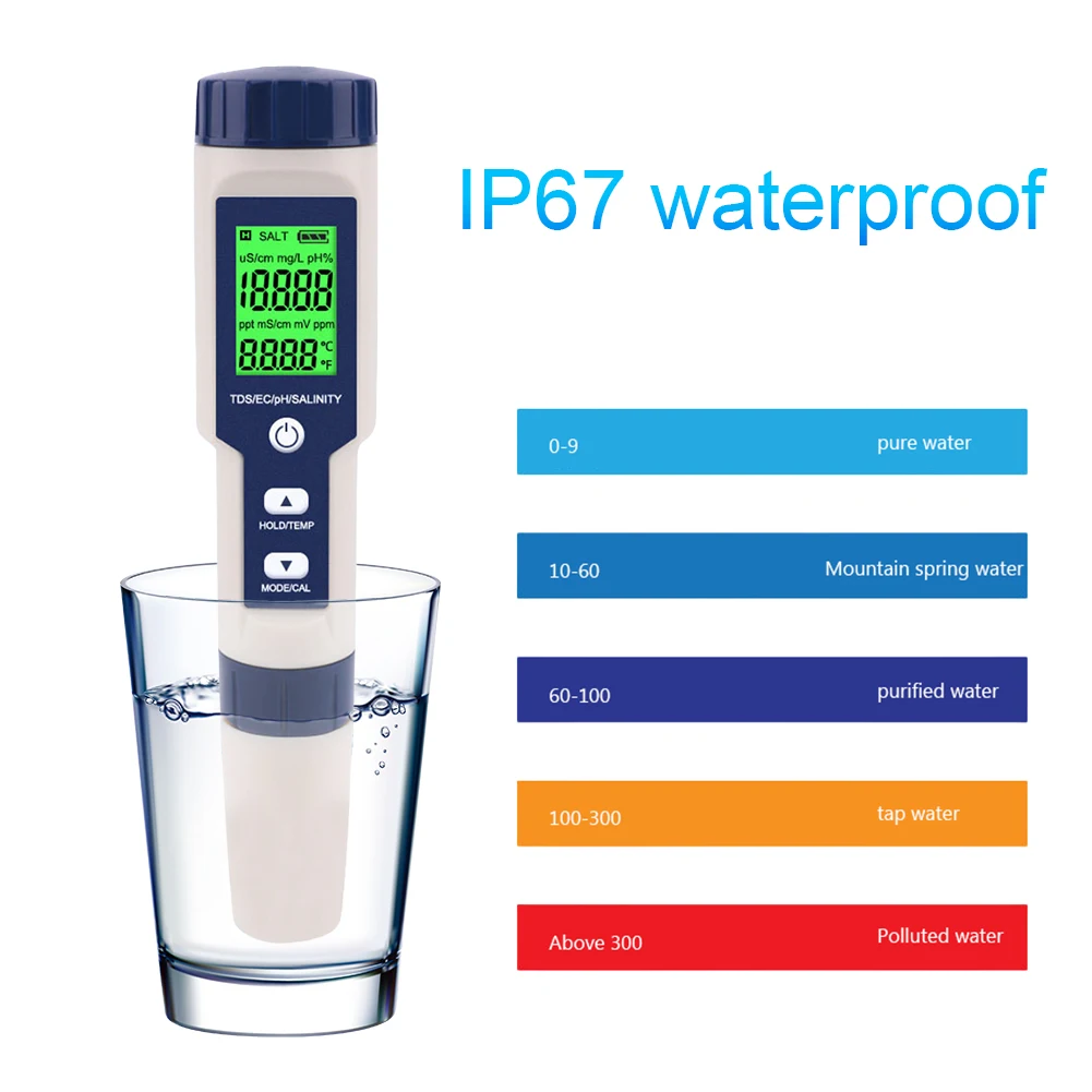 

5 in 1 Water Quality Tester Water Tester Monitor PH/EC/TDS/Salinity/Temp Multifunction Tester for Pools Drinking Water Aquariums