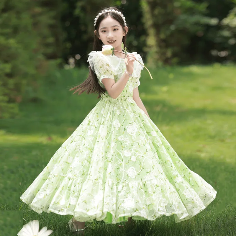 Girls Summer Dresses New Children\'s Princess Gown Big Kids Short-sleeved Dress Teen Girls Peter Pan Collar Clothing 4-12Y