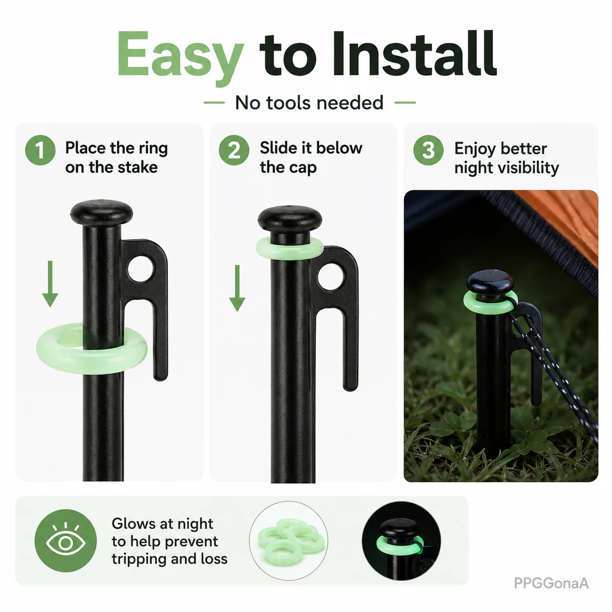 10PCS Glow Tent Stake Rings Silicone Night Visibility Markers for Camping Tent Pegs Soft Luminous Ring Outdoor Hiking Gear