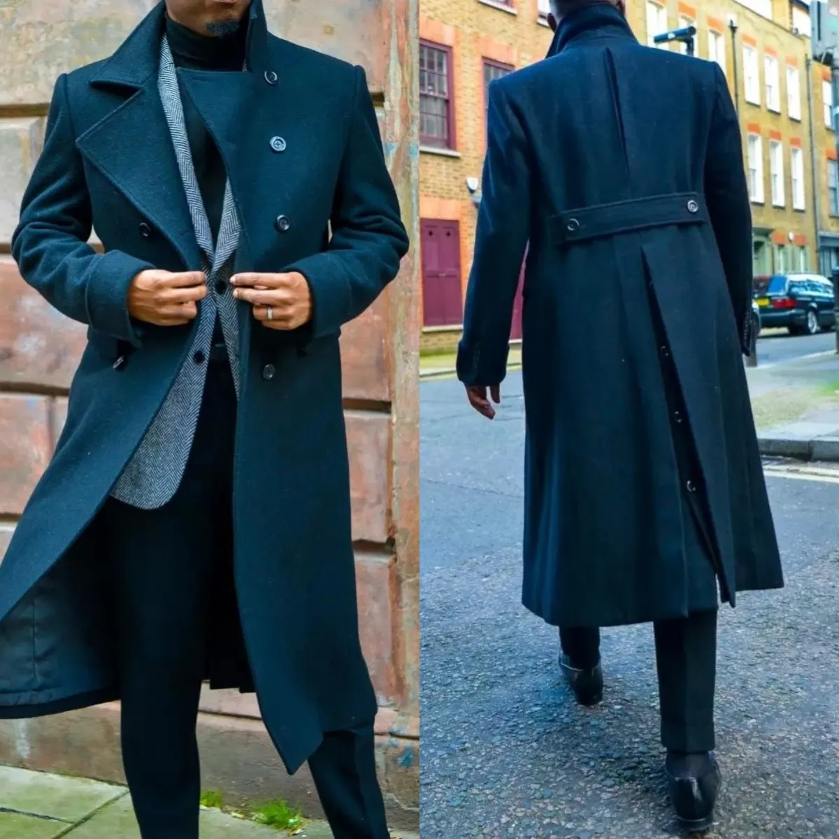 Traje azul para hombre, de lana gruesa abrigo largo hecha a medida, chaqueta Formal de doble botonadura para oficina y negocios, traje de invierno