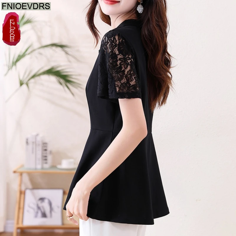 Черные винтажные топы с кружевным воротником-стойкой в стиле ретро, блузки, элегантные женские рубашки из смеси хлопка с короткими рукавами 2025, офисные женские рубашки