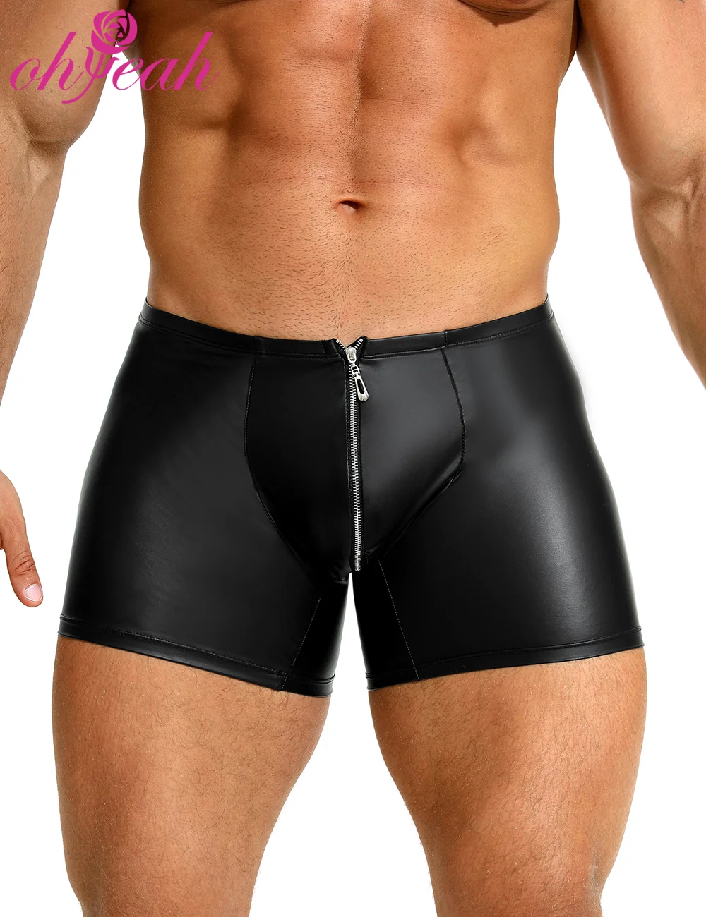 

Black PU Leather Boxer Briefs for Men Sexy Zipper Front U-Shaped Pouch Comfort Square Cut Underwear Plus Size