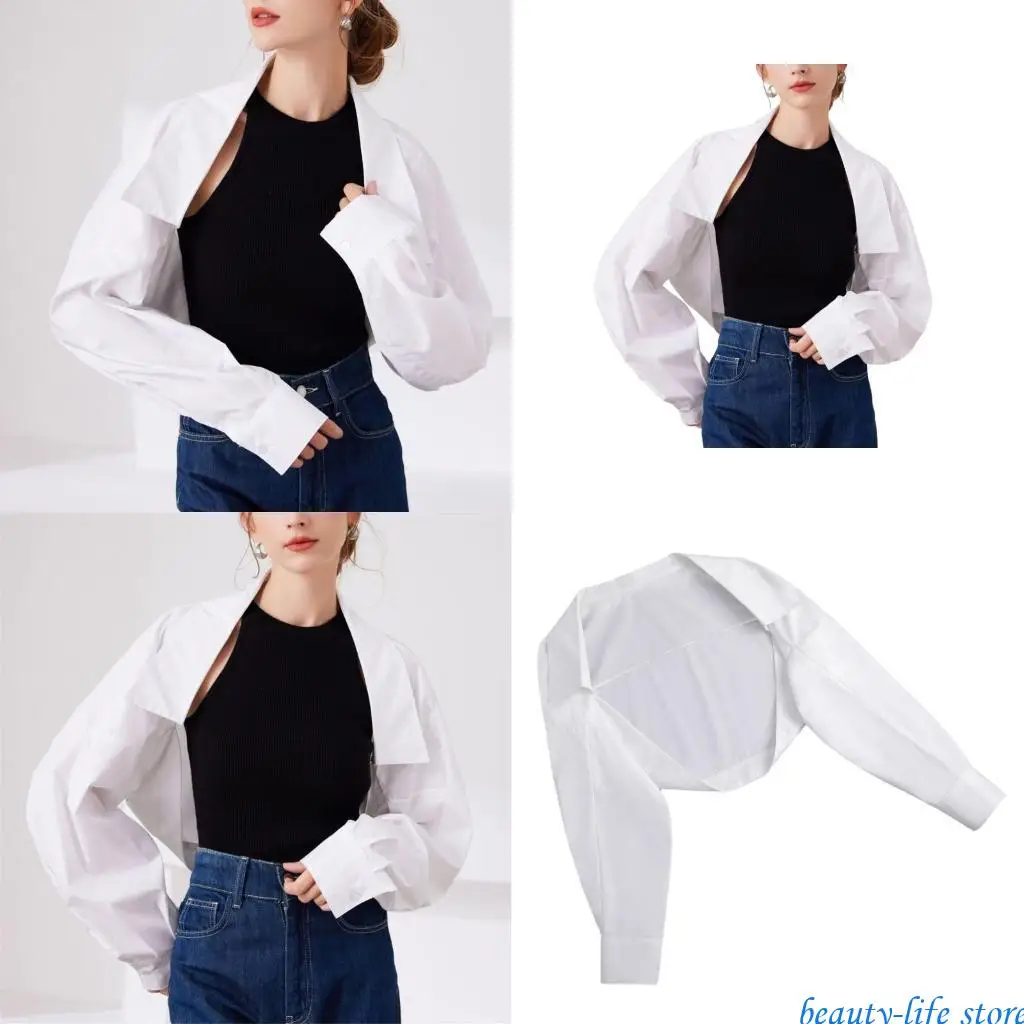 

White Faux Collar Jackets for Women Long Sleeve Drop Shoulder Crop Top Cardigan 517D