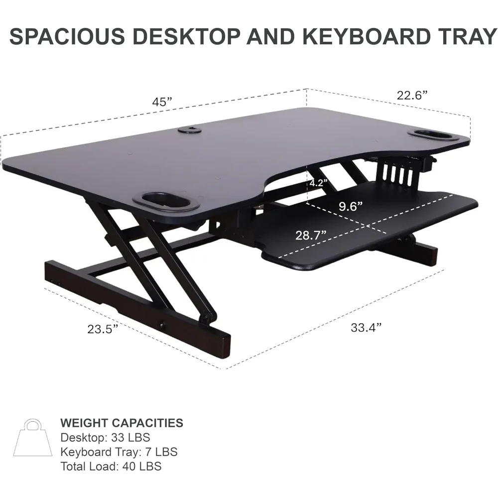 Height Adjustable Desk Converter with Slide-Out Keyboard Tray for Triple Monitor Setup and Standing Desk Use