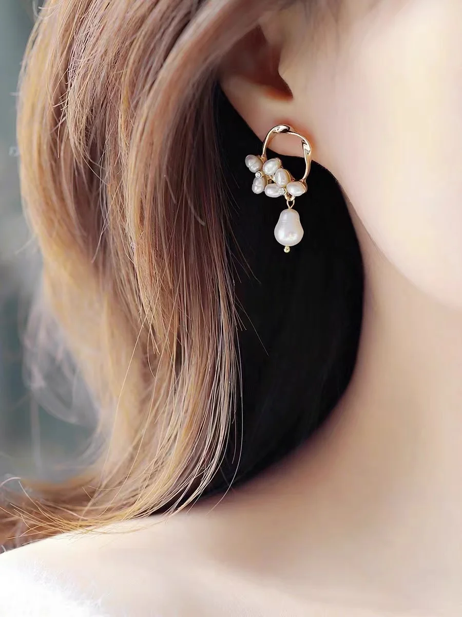 Statement Freshwater Pearl Earrings 14k Gold Plated Flower Chic Women Handmade Natural Beads Drop Earring Jewelry
