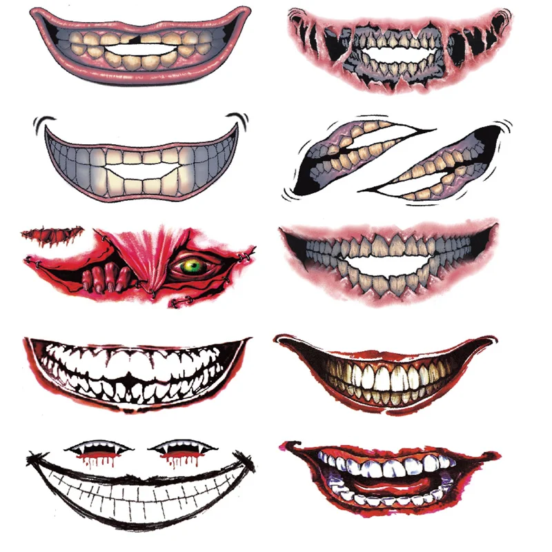 Halloween Tattoos Stickers Horror Makeup Joker Smile Stickers For Halloween Decoration Haunted House Cosplay Props Costume