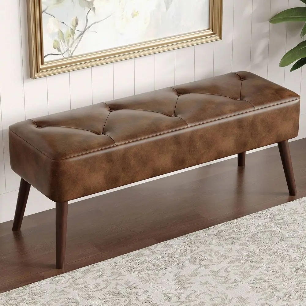 Storage Ottoman Bench, PU Leather holstered Entryway Bench With Thick Cushion, Tufted End Bed Bench With Wood Legs, Padded Be