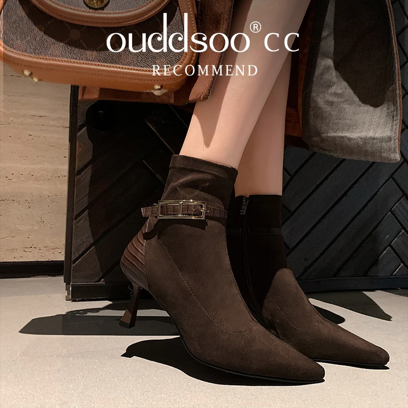 Ods Luxury Sexy Brand Autumn Winter Heel Boots Women Pointed Toe Metal Buckle Decor Elastic Stretch Short Booties Ankle Boots 42