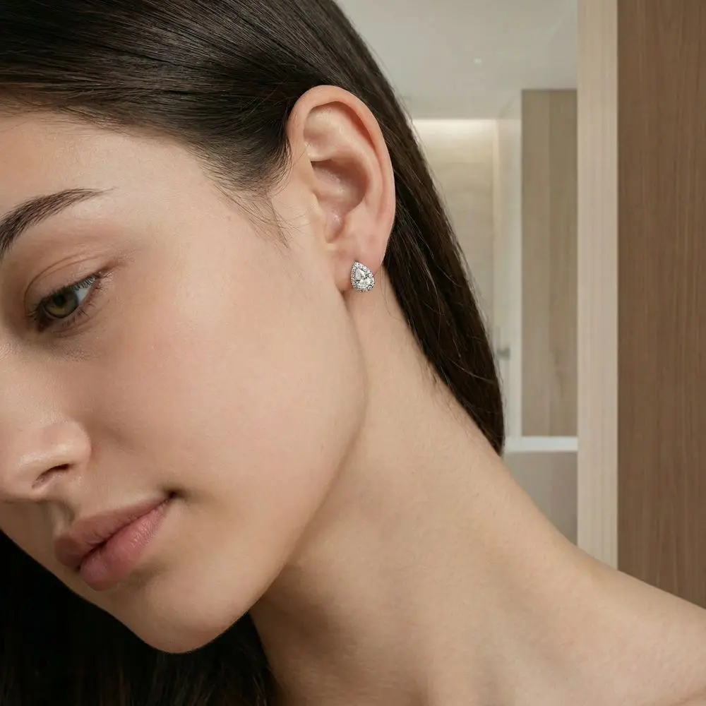 New Sparkling Water Drop Zircon Hoop Earrings Mini Silver Teardrop Stud Earrings Copper Pear Ear Buckle Girls