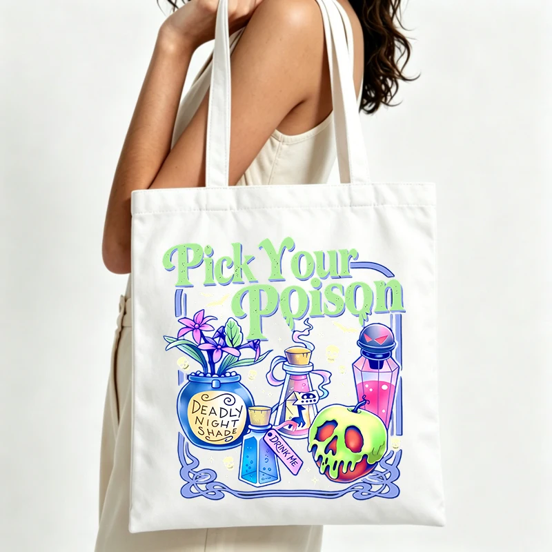 magic potion graphic canvas tote bag with skull and letter print, perfect for casual daily use and weekend outings