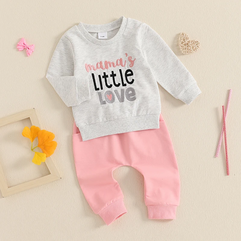 0-24months Toddler Girls Outfit with Embroidered Letters Long Sleeve Sweatshirt and Stretchy Pants Baby Girls Clothing Set