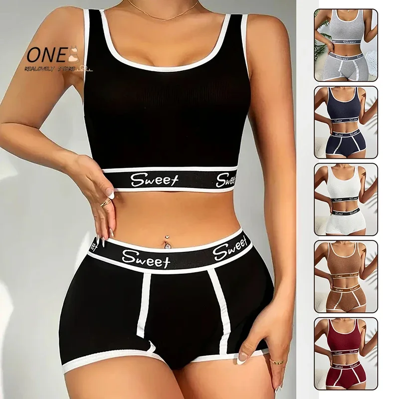 Women Seamless Underwear Set Fitness Pure Cotton Underwear Wide-brimmed Letter Sports Vest Middle Waist Boxer Briefs Bra Set