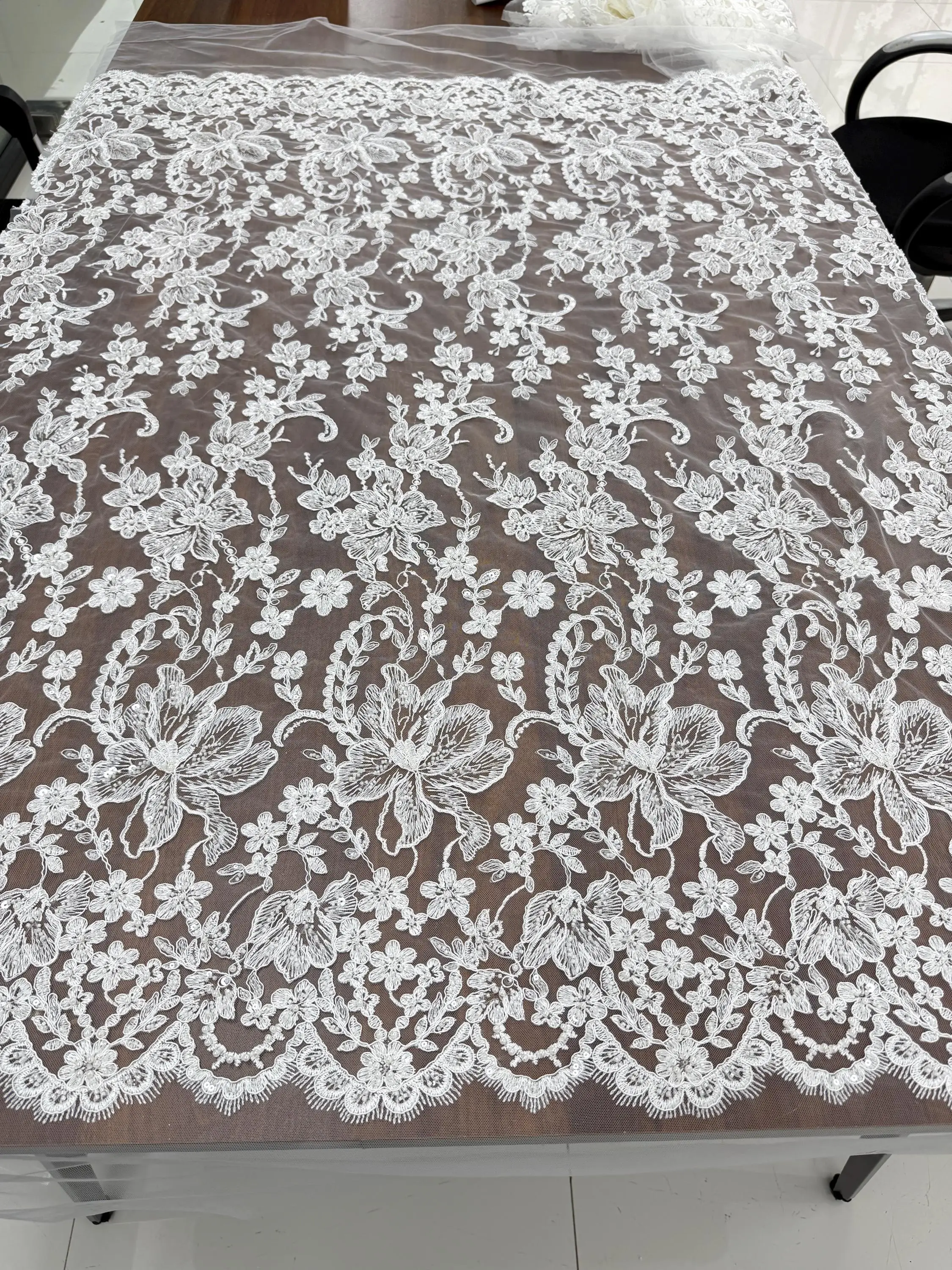 1 Yard 3D Beaded Haute Couture Fabric with Pearl and Clear Sequin  , Off White Bridal Gown Wedding Dress Fabric view 3