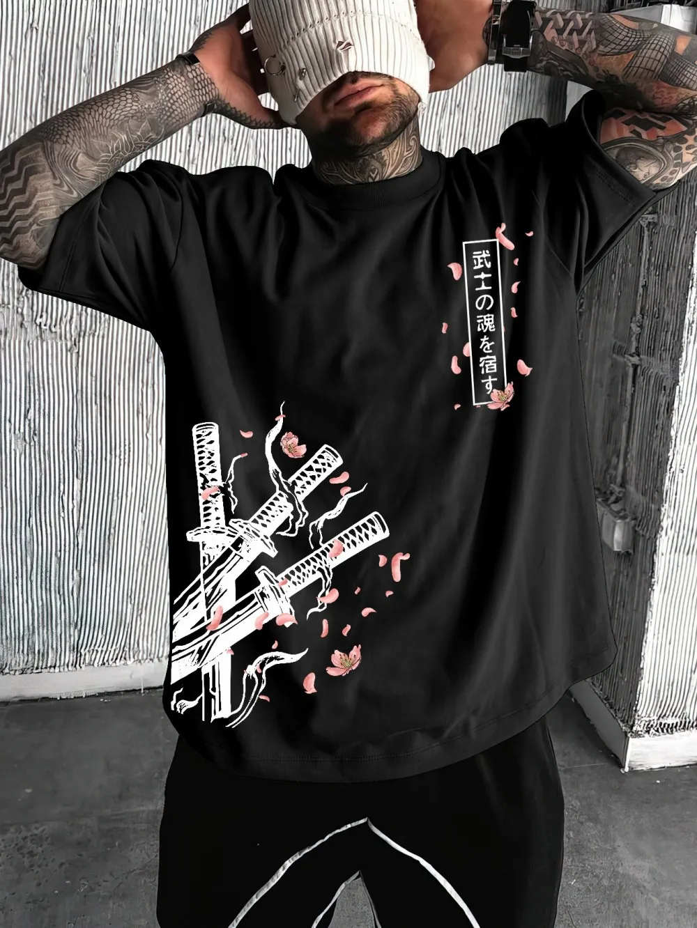 American men's summer cherry blossom samurai sword letter print soft and breathable round neck T-shirt outdoor casual top