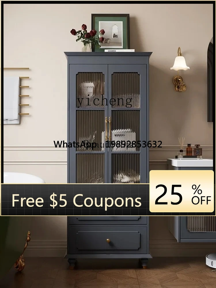 FF  rubber wood paint French bathroom side cabinet towel narrow cabinet storage