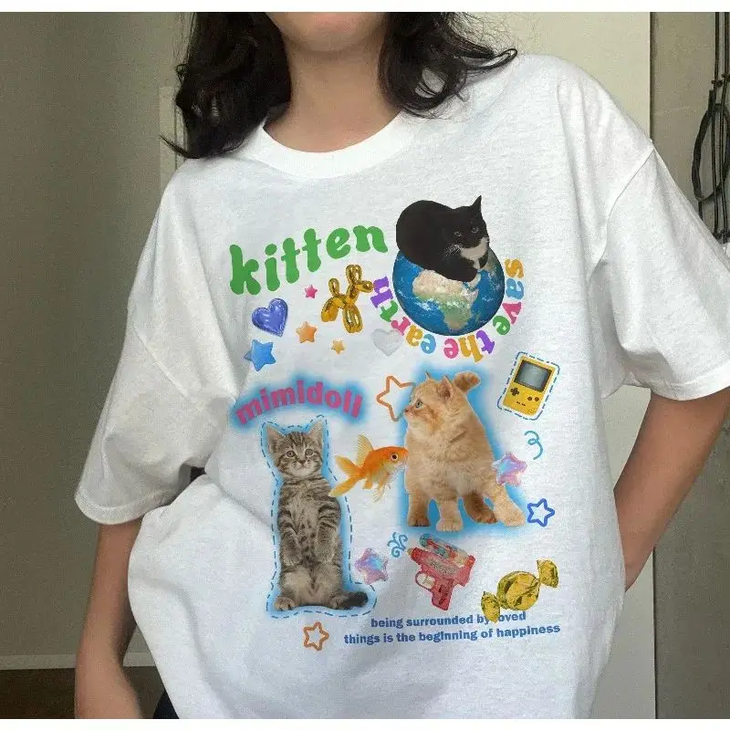 Harajuku Trashy Y2K Kitten Tee Y2K Silly Cat Shirt 90s Kawaii Aesthetic Cat Meme TShirt Funny Cat Y2K Kidcore Tops Unisex