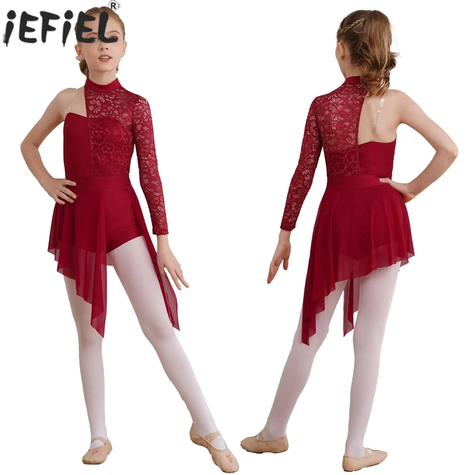 Kids Girls Modern Lyrical Dance Dress Figure Skating Gymnastics Cha-cha Performance Costume Floral Lace Bodice Leotard Dresses