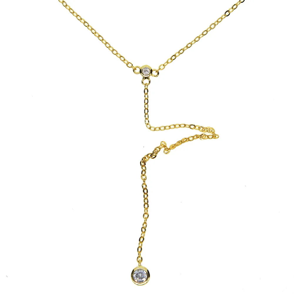 simple factory wholesale jewelry gold color delicate LONG lariat Y bezel cz two cz Y necklace