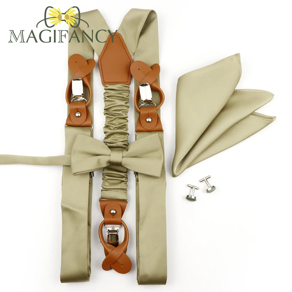 MAGIFANCY 4 PCS Suspender Bowtie Set Colorful Solid 3.5cm Brace Men Polyester Sage Salmon Pink Daily Wedding Top Accessory Gift
