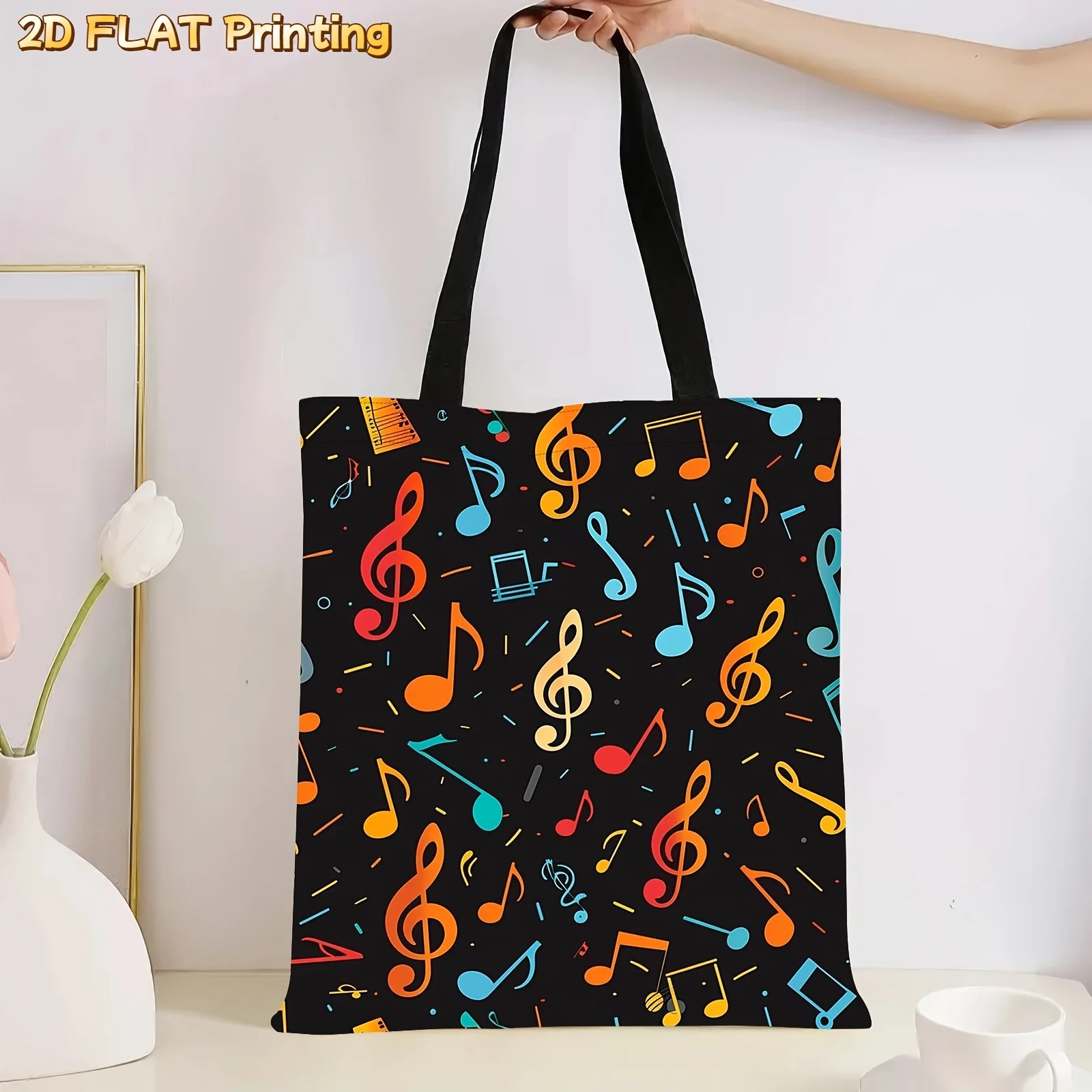 Bolso de mano moderno con estampado plano 2D, bolso con patrón de notas musicales para mujer, bolso de compras sencillo para todos los días