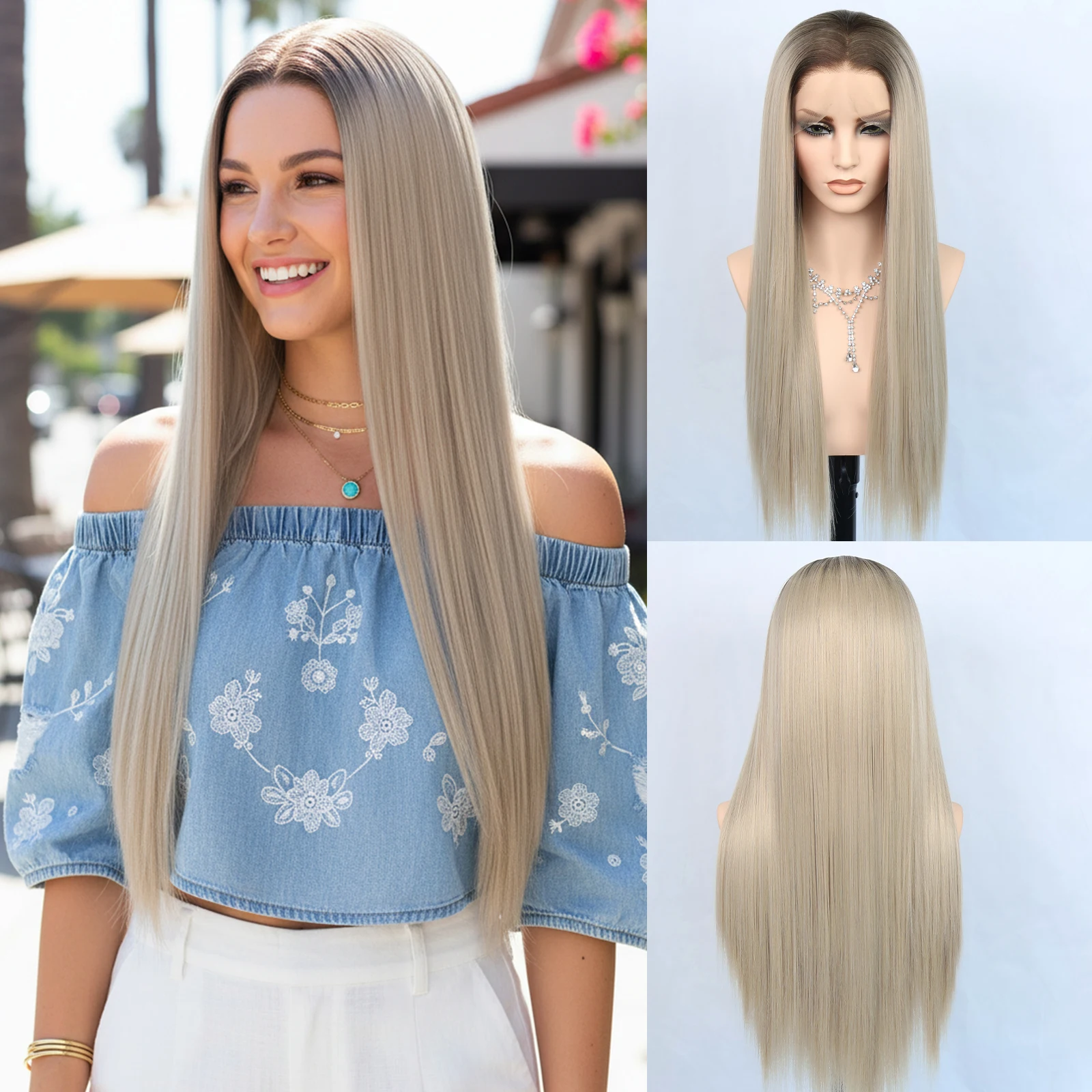 

Aubree Synthetic Lace Front Wig For Women 13x4 Lace Daily Use Wig Ombre Ash Grey Color Long Straight 28 inches 180% Density