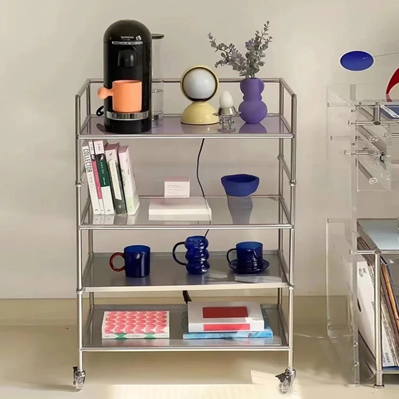 Medieval modern glass rack trolley Internet celebrities ins stainless steel dining cart Movable side few storage shelves