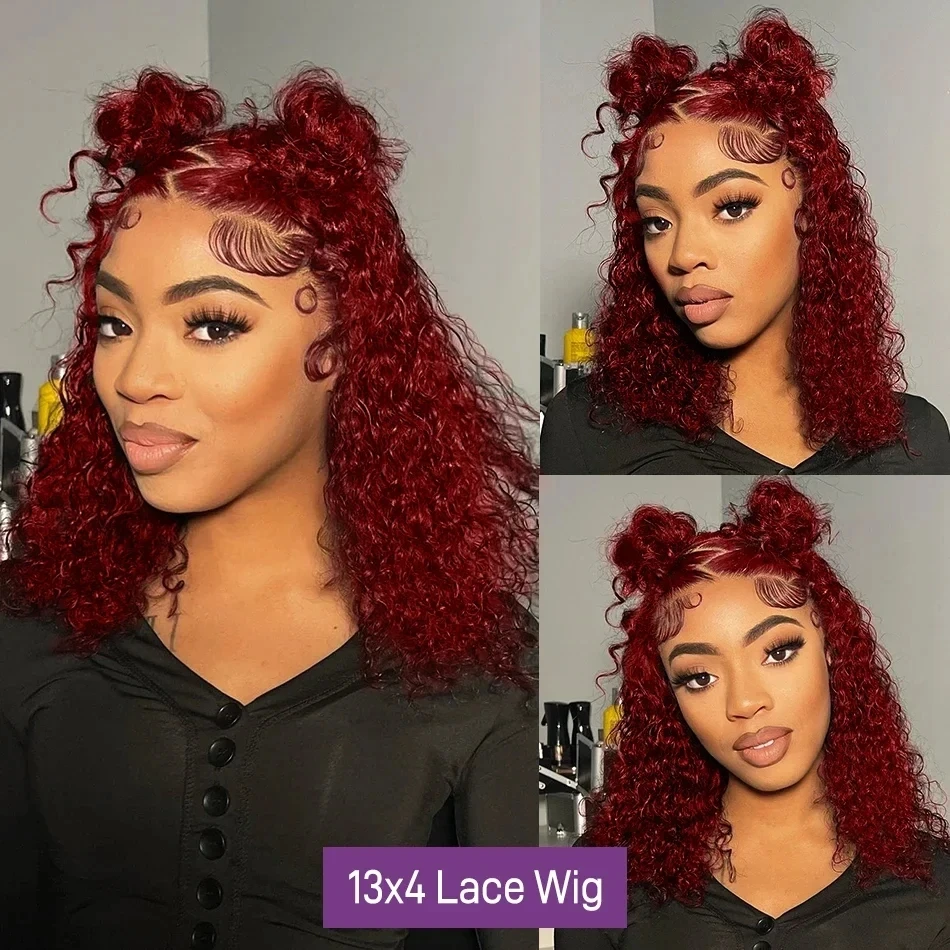 99J Red Colored Deep Curly Wig Human Hair 13x4 Burgundy Lace Front Human Hair Wigs For Women Short Bob Wigs 180% T Lace Wig