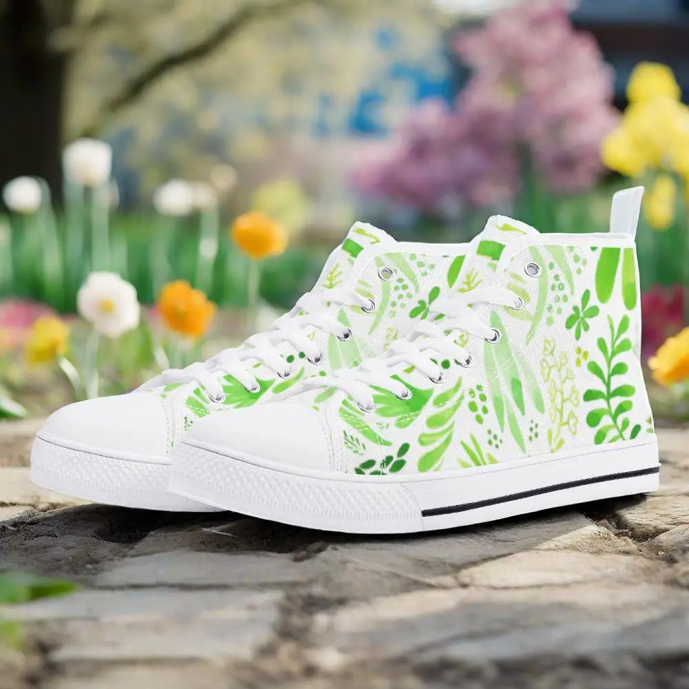 

Customized Tender green leaves vulcanized shoes classic high-top canvas shoes casual sneakers denim shoes