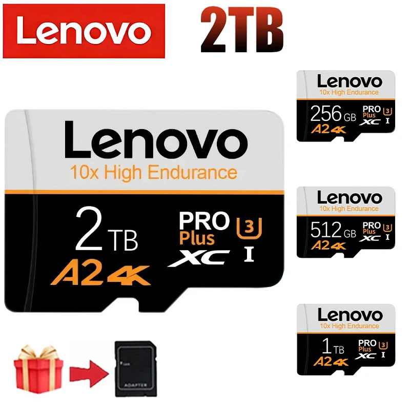 Lenovo-Ultra Cartão de Memória para Telefone, Cartões Micro SD, Flash Card, Classe 10, 2TB, 1TB, 128GB, 256GB, 512GB, A1, SD, TF