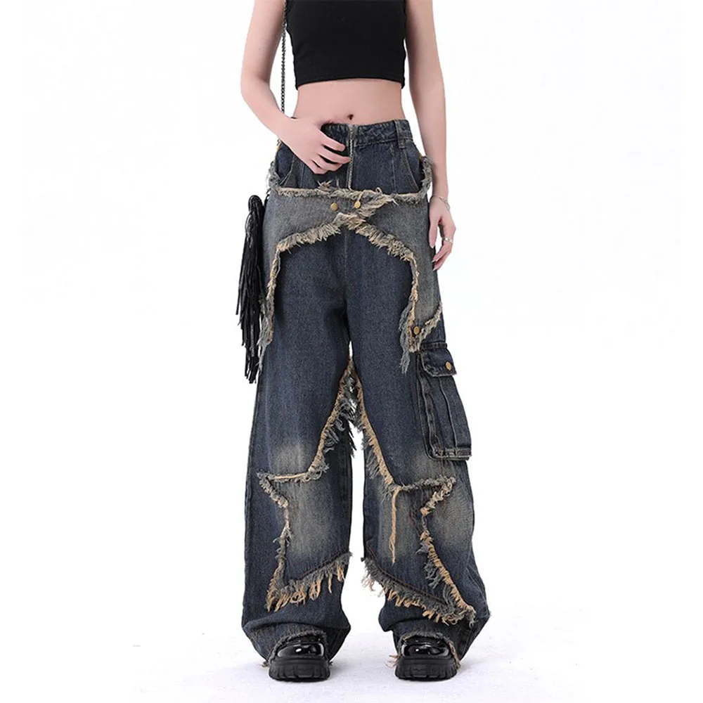 Star Patterned Fringed Women's Denim Pants Black Grey Denim Pants Retro High Elastic Spice Girls Trousers Casual Style Pants