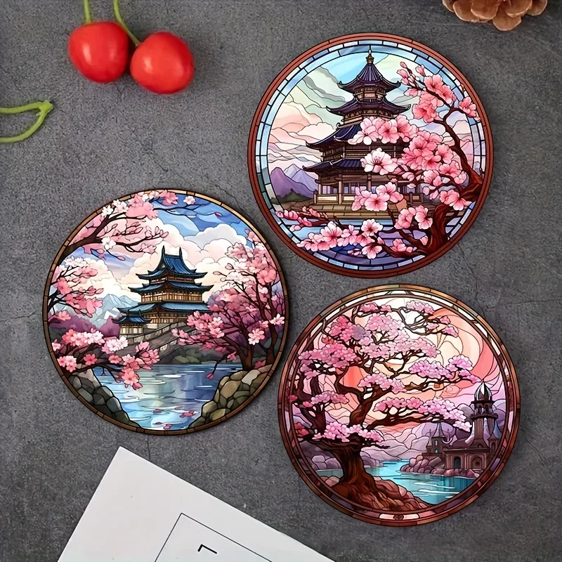 6-piece Japanese Sakura and Landscape House Wooden Coaster-Perfect for Tea, Coffee and Beverages-Ideal home decoration gift