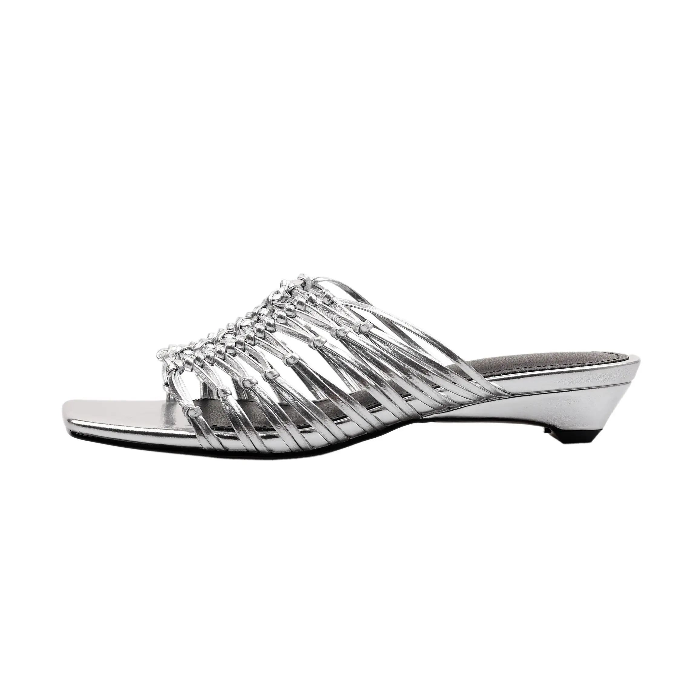 

Arden Furtado 2025 Summer Microfiber weaving Word slippers square toe Hollow Middle heel Open toe Slippers Wedge slippers