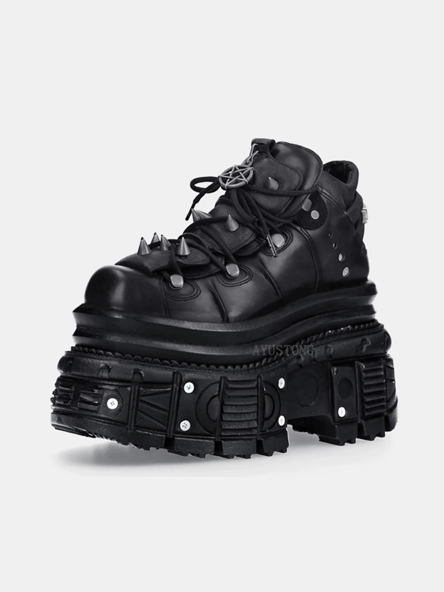 

Spanish Trendy Rivet Heavy Metal Platform Heightening High-top Men and Women Punk Small Leather Goth Dark Motorcycle Boots 11cm