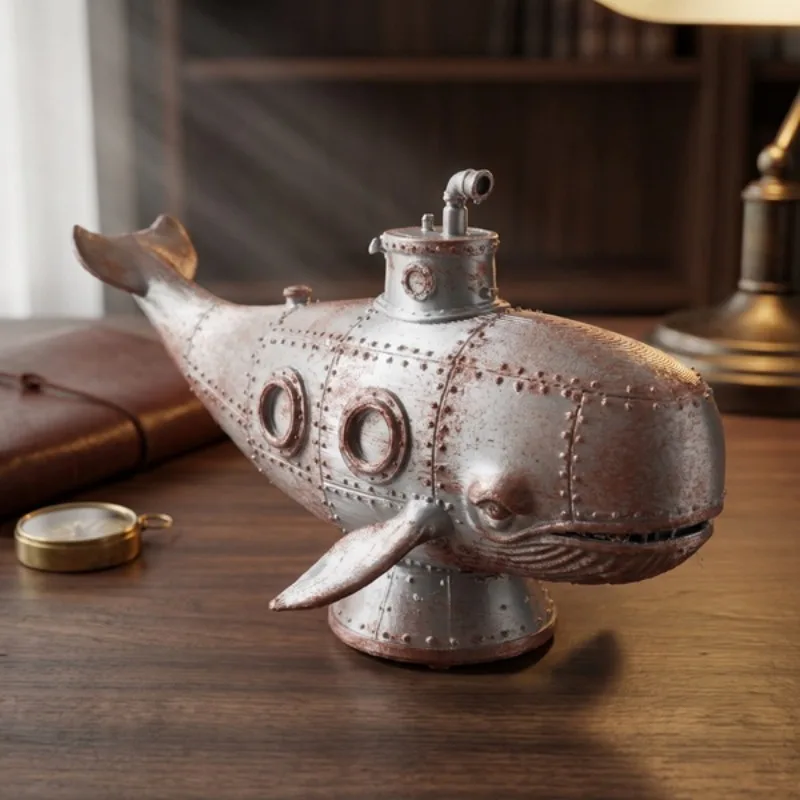 Vintage Mechanical Whale Sculpture,Steampunk Submarine-Whale Tabletop Statue,Nautical Industrial Desk Shelf Display