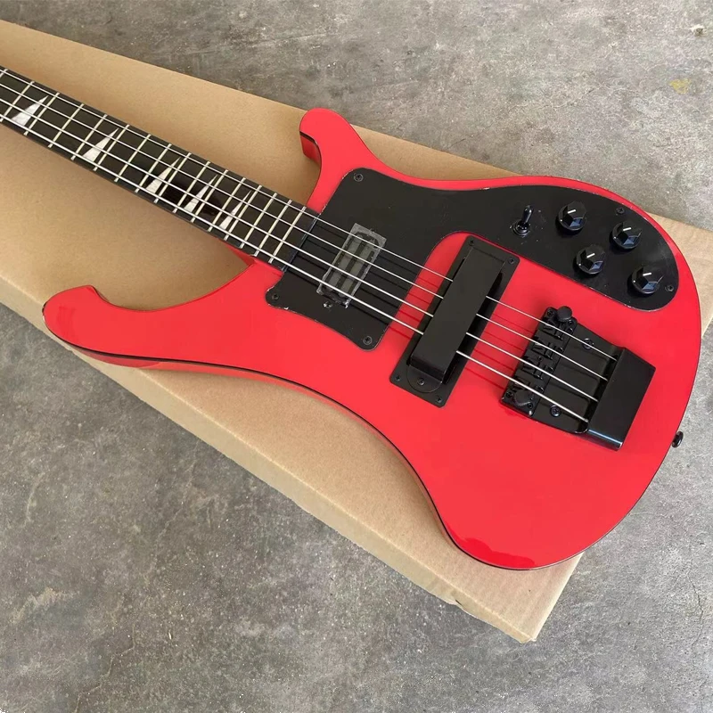 4003 Electric Bass Guitar Red Color, Black Hardware & Pickguard, Flat Body, Small Triangle Inlays, 4 String Bass