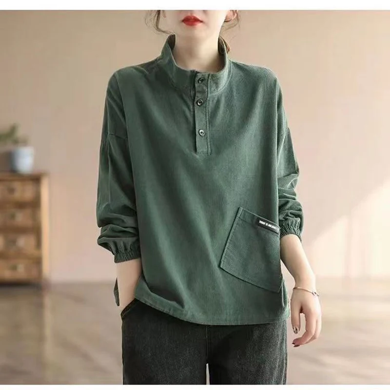 Fashion Stand Collar Button Pockets Corduroy Blouses Women\'s Clothing 2023 Autumn Winter Oversized Casual Tops Commuter Shirts