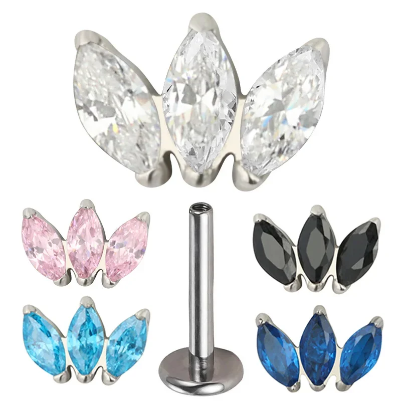 

G23 Titanium EAR PIERC 3 Marquise CZ Paved Top Threaded Labret Studs Tragus Pircing Earring Lip Tongue stud Fashion Body Jewelry