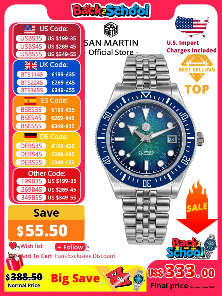 San Martin 40mm Orologio da sub di lusso da uomo Miyota 9015 Smalto Sunburst Quadrante Orologio da polso meccanico automatico Impermeabile 200m SN0148