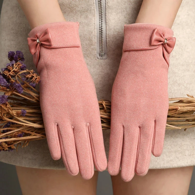 

New Women Keep Warm Touch Screen Plus Velvet Inside Thicken Windproof Cycling Cute Lovely Bowknot Elegant Elasticity Soft Gloves