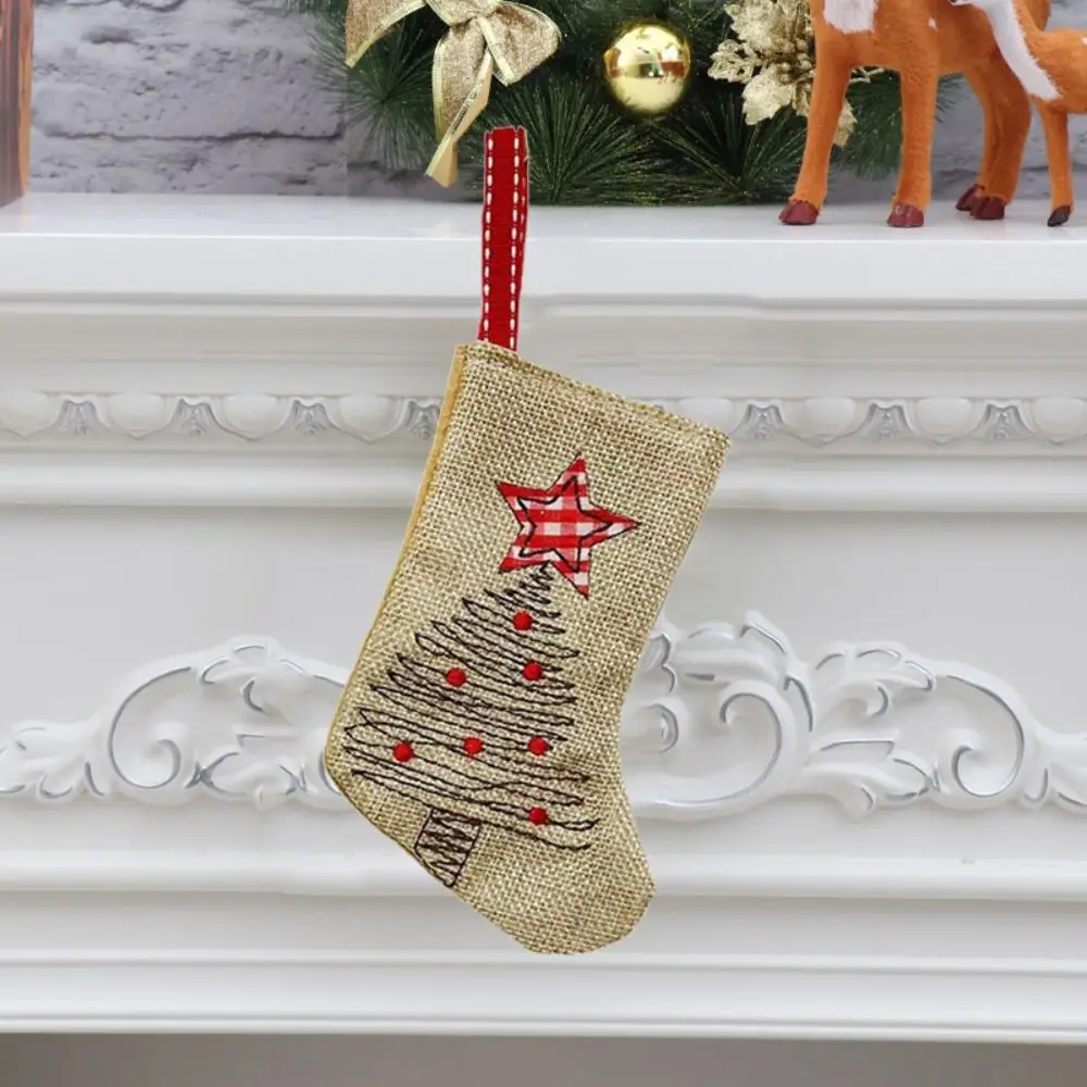 Linen Burlap Embroidery Christmas Stocking Reusable Hanging Christmas Decoration Decorative Small Christmas Gift Bag Fireplace