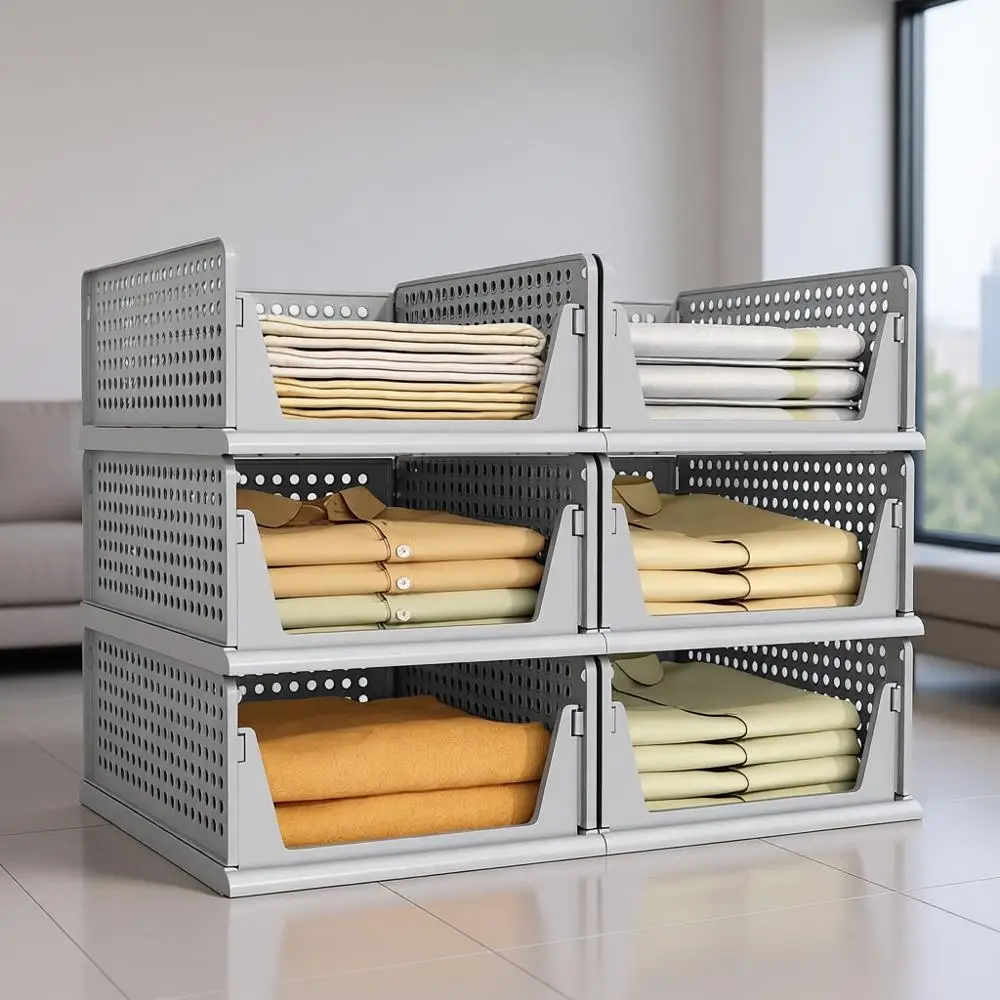 منظم خزانة بلاستيكي مكون من 6 أقسام قابل للتكديس، سلة درج للملابس، صناديق تخزين لخزانة الملابس، غرفة النوم، الحمام، المكتب