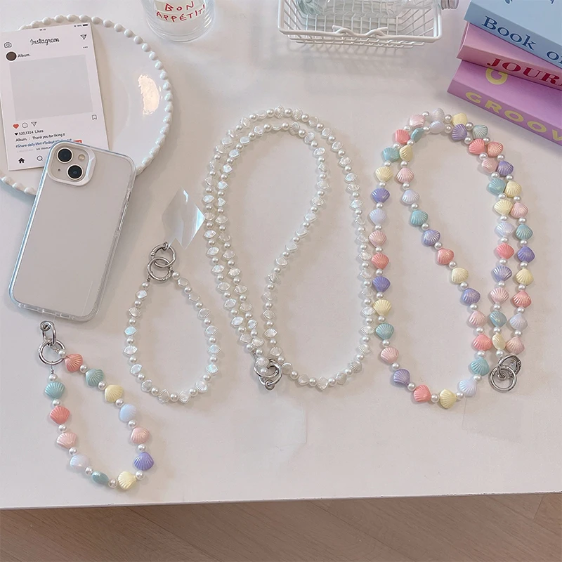 Ins Style Shell Pearl Mobile Phone Lanyard Long Crossbody Phone Chain Pendant Anti-lost Cellphone Case Charm Girly Bag Straps