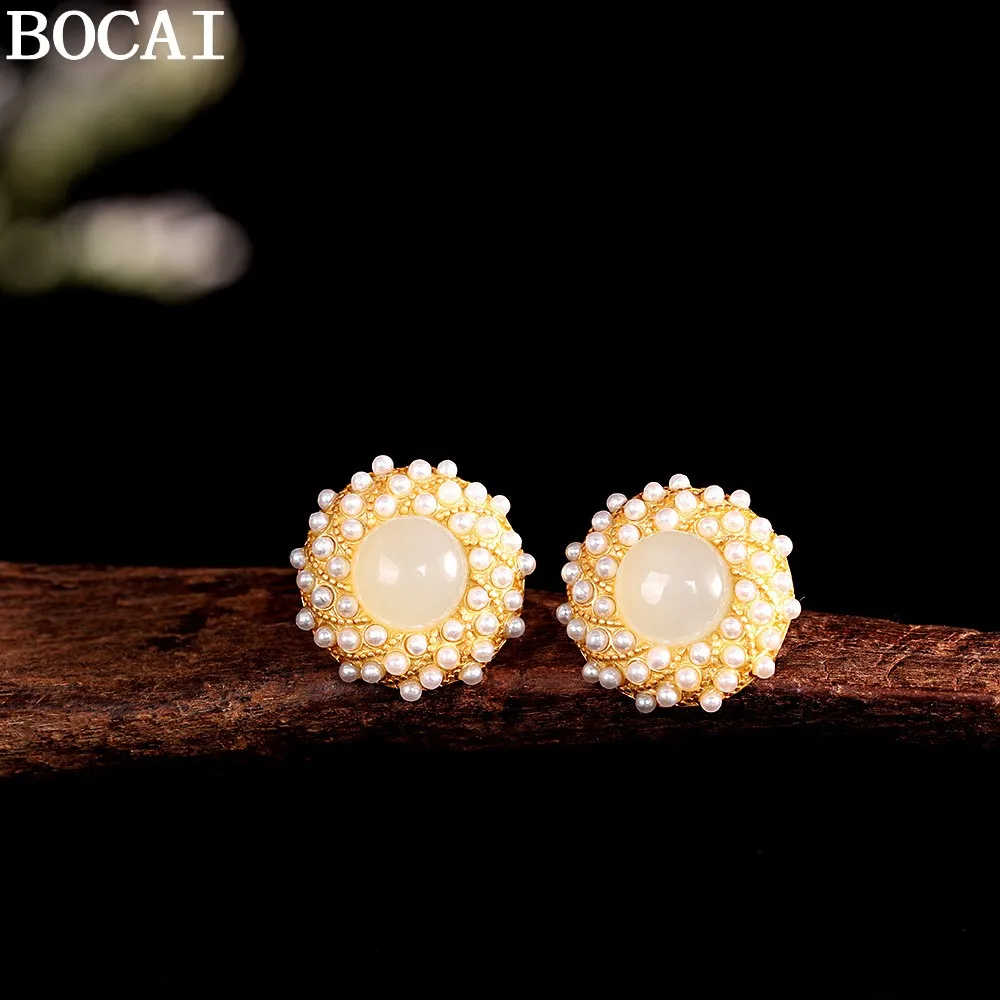 

Серьги BOCAI S925 из стерлингового серебра с позолотой, инкрустированные хотанским нефритом, белым нефритом, сапфиром и жемчугом