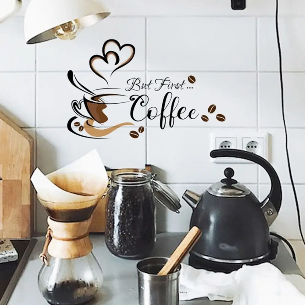 Simple Self-adhesive Coffee Cup Pattern Stickers PVC Waterproof English Wall Stickers Coffee Cup Kitchen