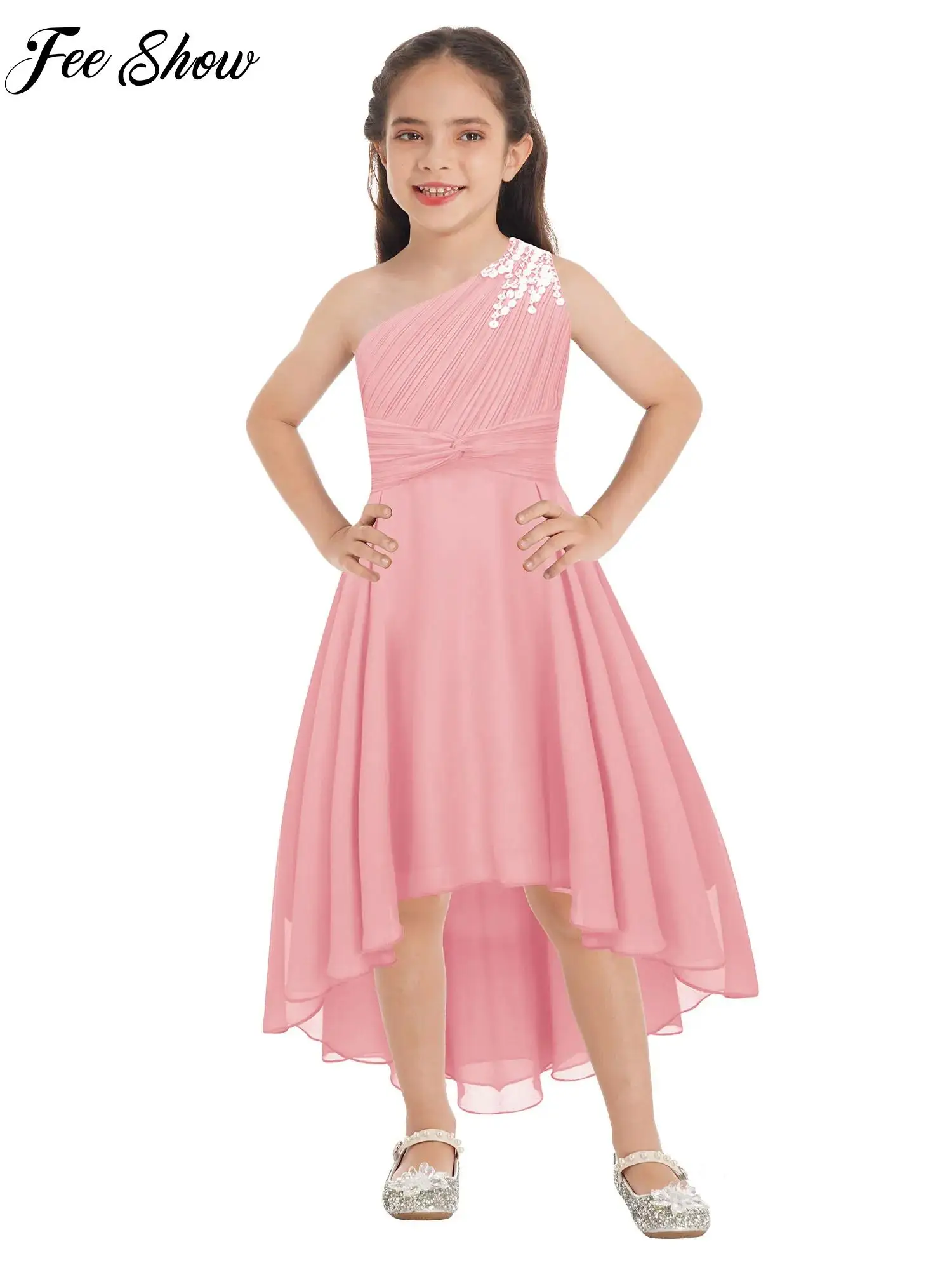

Party Girls Dress Chic Ruched Shiny Beaded Collarless One Shoulder Sleeveless Wedding Evening Birthday Proms Performance Dress