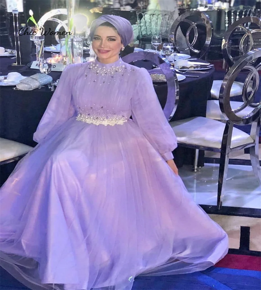 Lilac Muslim Evening Dress With Beaded Long Sleeve Tulle Turkey Arabic Prom Dress Floor Length Dubai Party Formal Customized