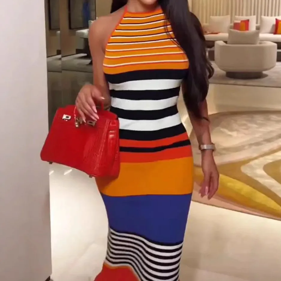 

Women's Striped Knitted Ruffle Wrap Hip Dress Female Daily Clothes Summer Beach Style Woman Sexy Sleeveless Fashion Long Dresses