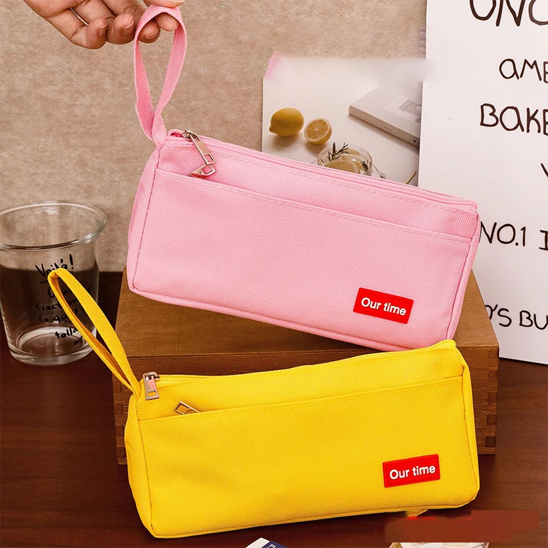 1pc large capacity simple double-layer canvas pencil case solid color triangular pencil case large capacity stationery storage p